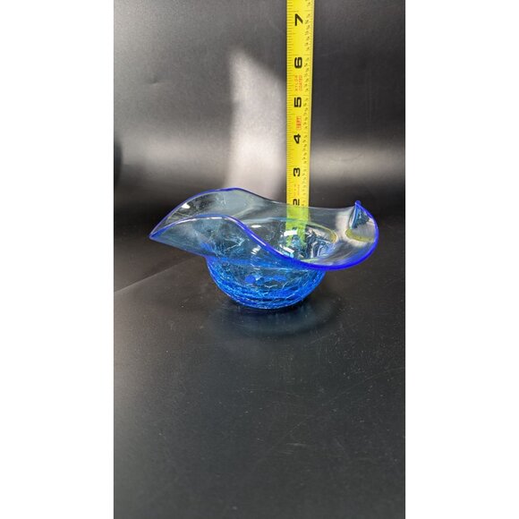 Handcrafted Blue Crackle Art Glass Bowl With Flared Rim Decoration - Picture 10 of 11